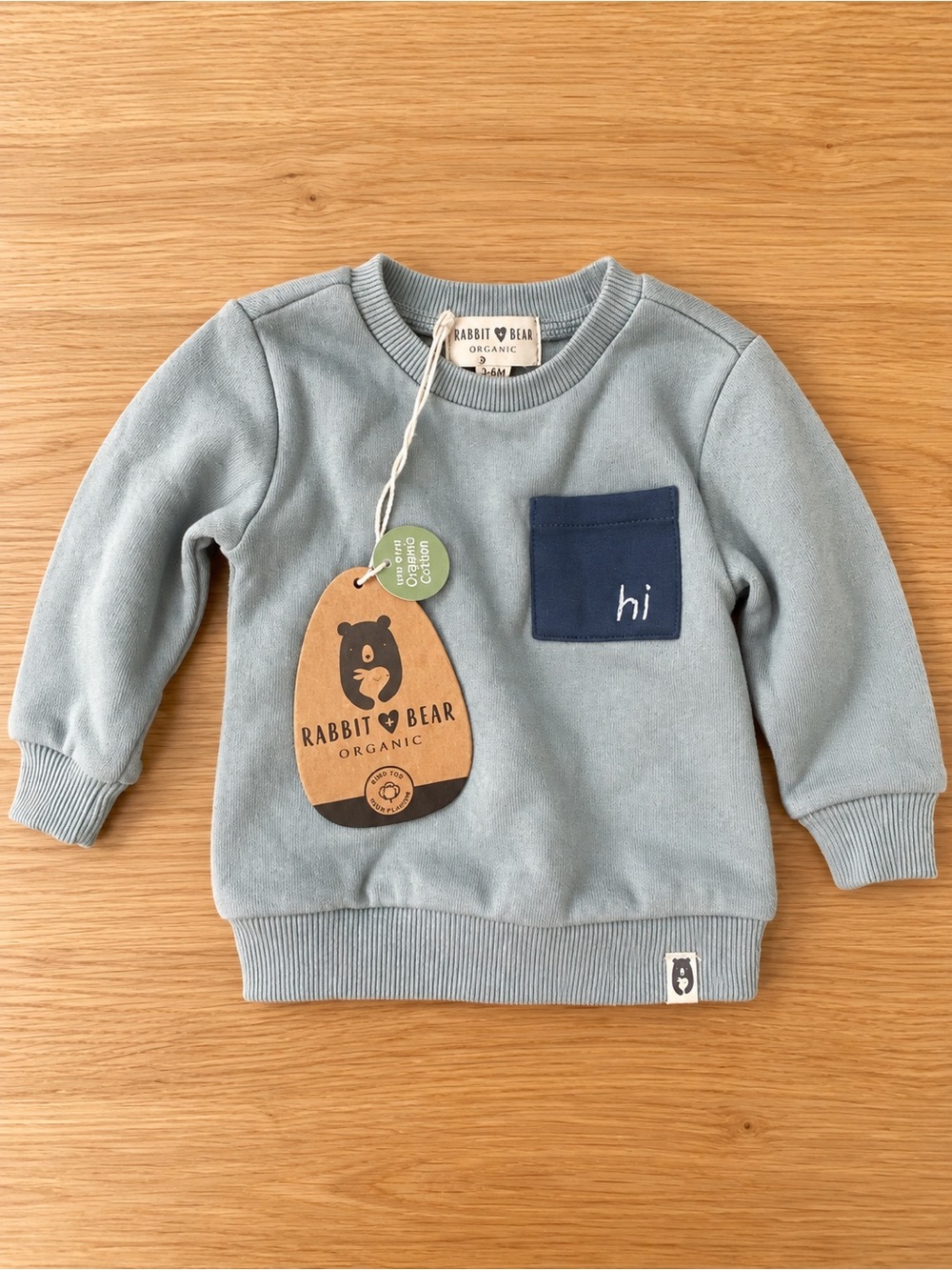 3/$10 NWT 3-6M Organic Cotton Sweatshirt with Navy Pocket Rabbit + Bear
